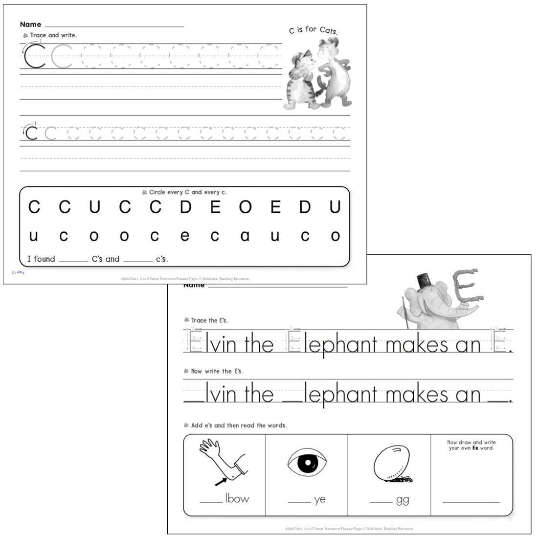 Sample C and E pages from the AlphaTales: A to Z Letter Formation Practice Pages