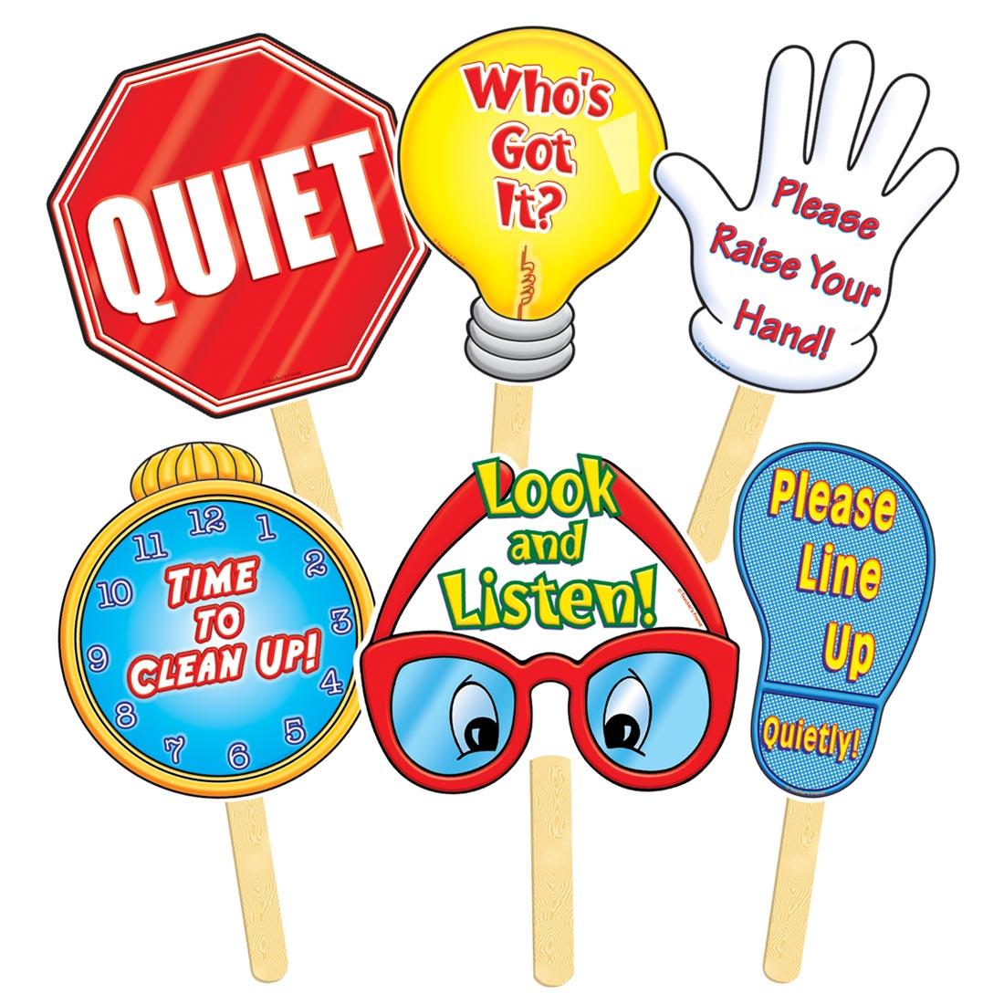 Manage Your Class Signs include Quiet, Who's Got It? and Please Raise Your Hand!