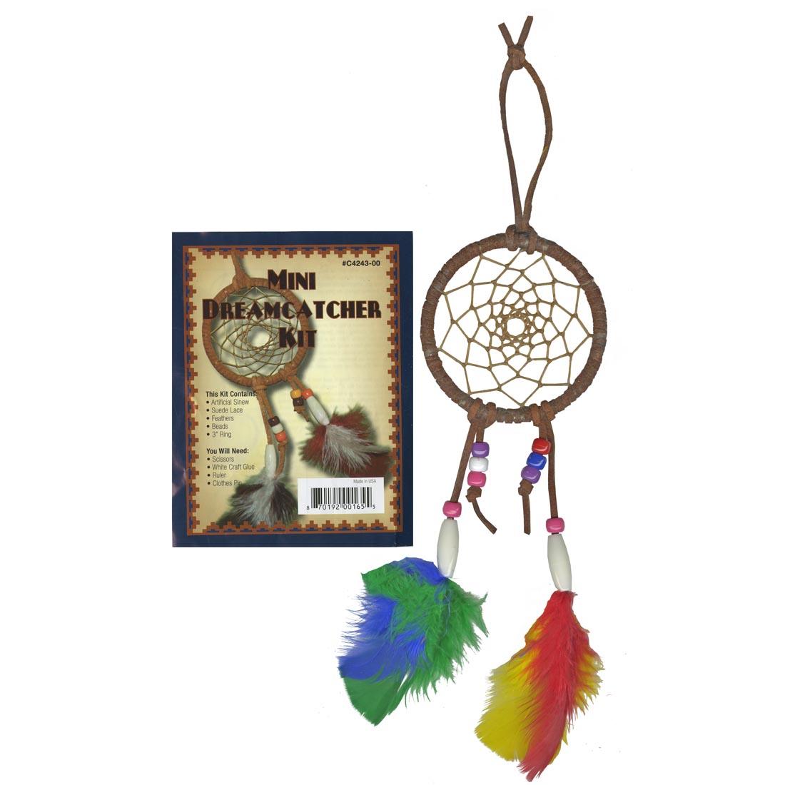 Mini Dreamcatcher Kit package beside a completed dreamcatcher