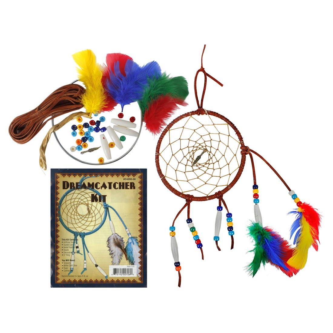 Dreamcatcher Kit package along with the pile of components as well as a completed dreamcatcher