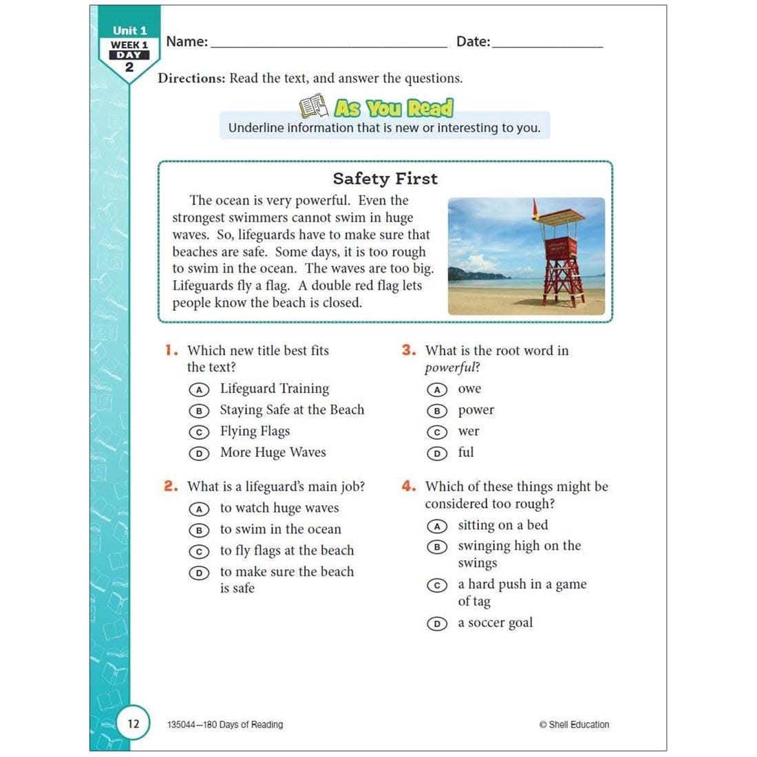 page from the 180 Days of Reading For Second Grade book
