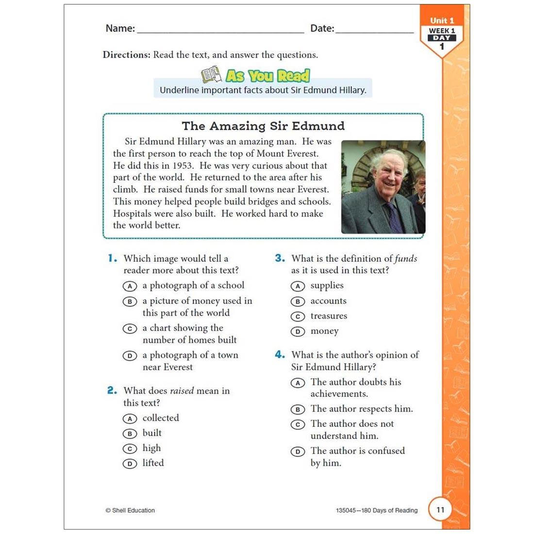 page from the 180 Days of Reading For Third Grade book