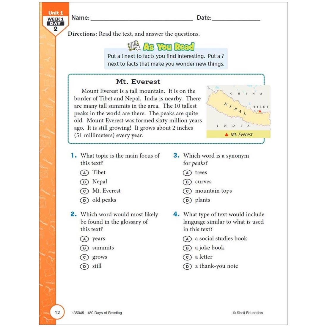page from the 180 Days of Reading For Third Grade book