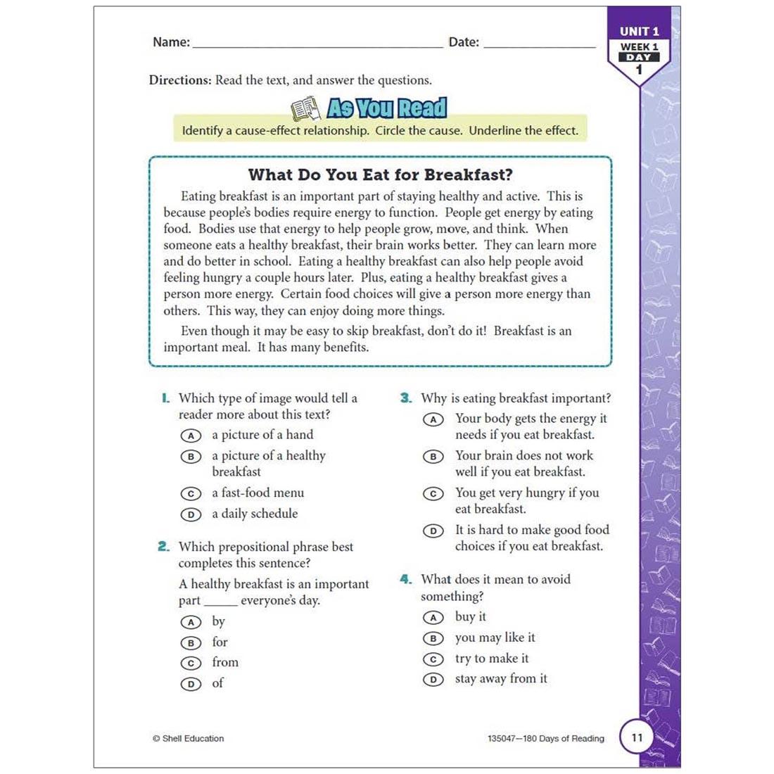 page from the 180 Days of Reading For Fifth Grade book