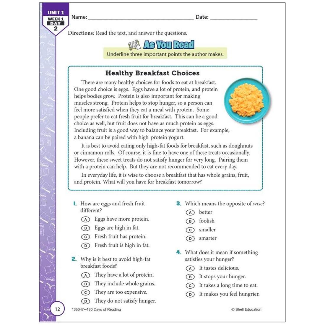 page from the 180 Days of Reading For Fifth Grade book