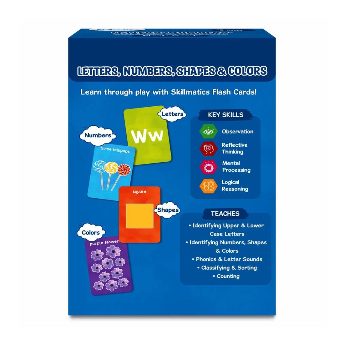 back of box for Letters, Numbers, Shapes & Colors Flash Cards By Skillmatics