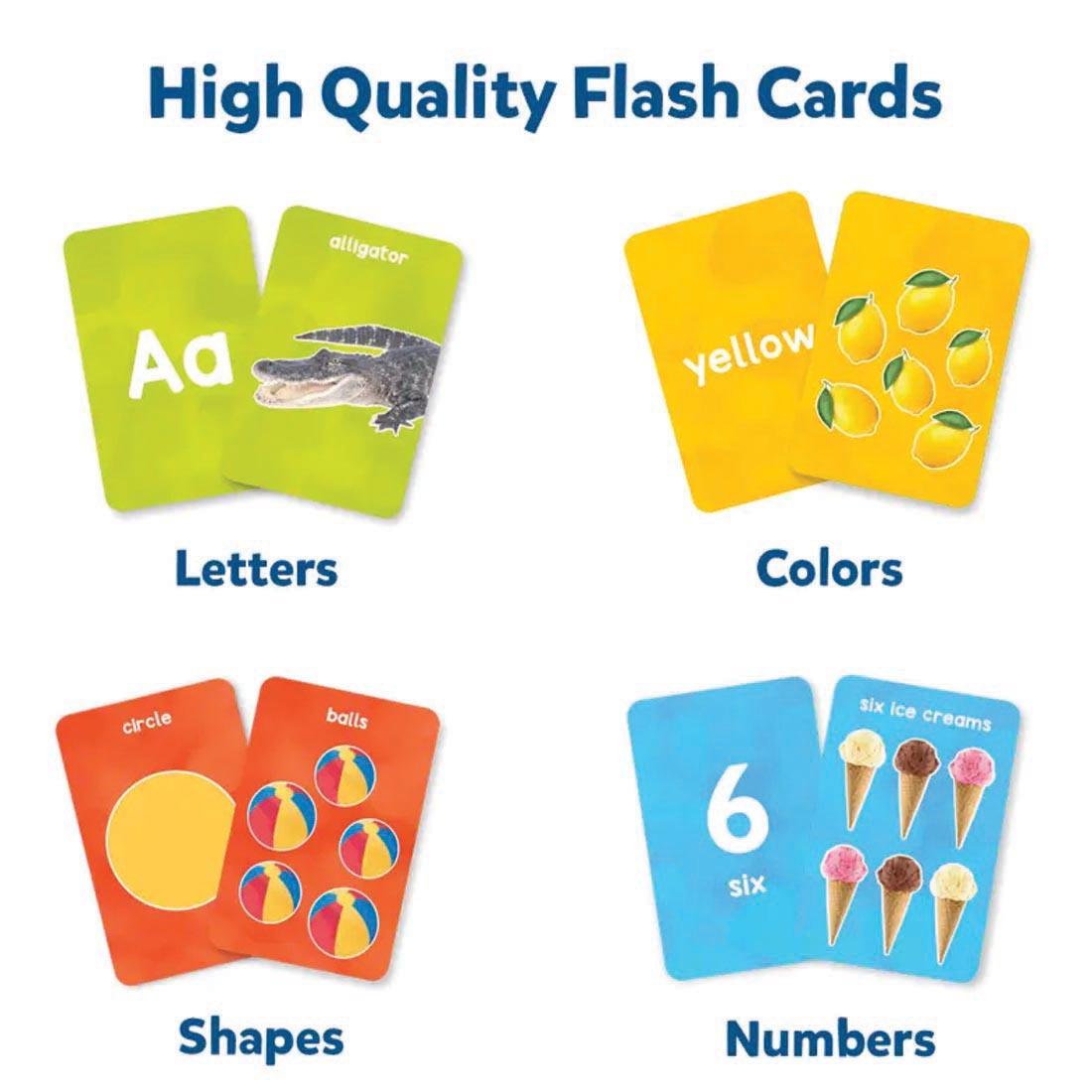 samples of Letters, Numbers, Shapes & Colors Flash Cards with text High Quality Flash Cards; Letters; Colors; Shapes; Numbers