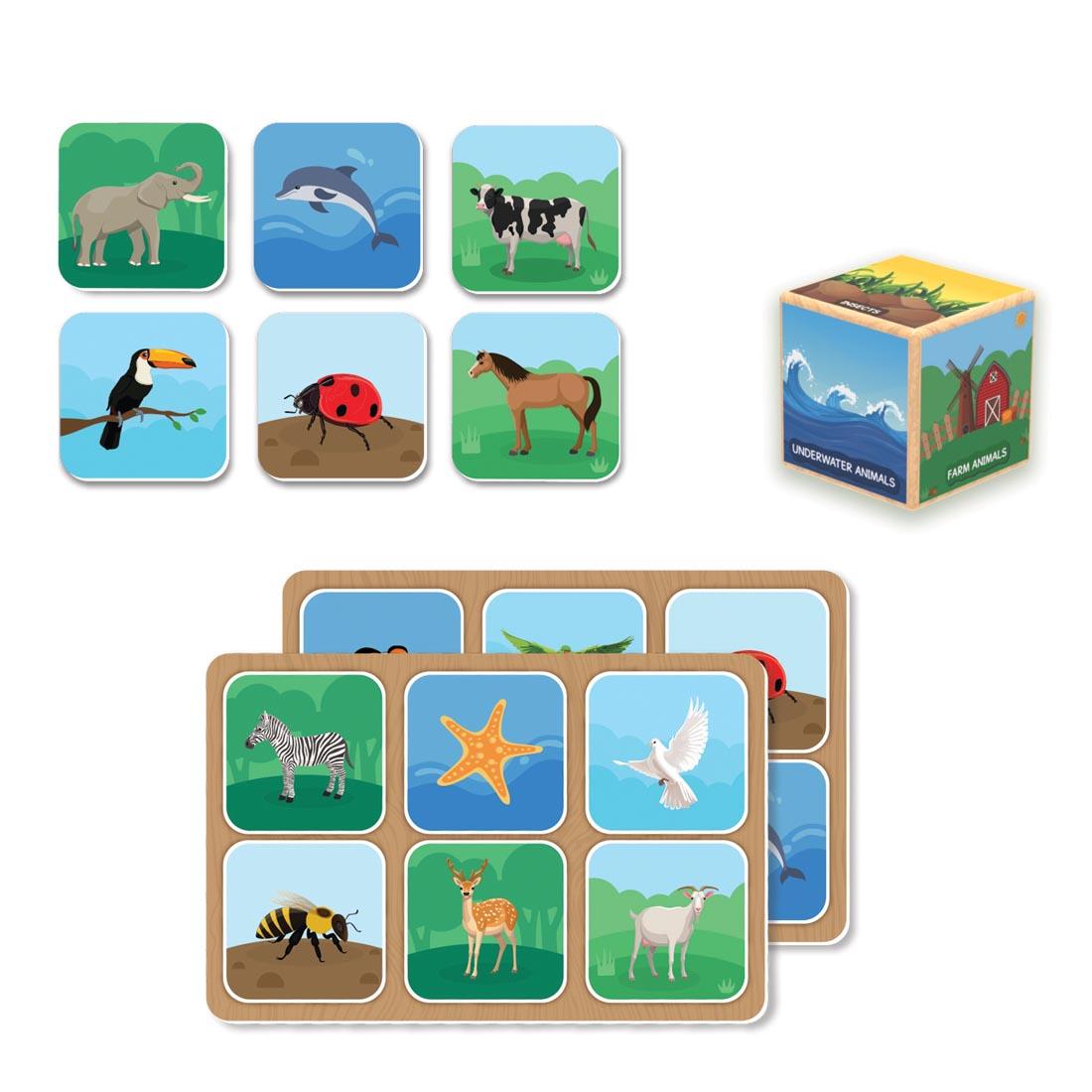Animal picture tiles, picture boards and habitat die found in Memory Match Animal Planet game By Skillmatics