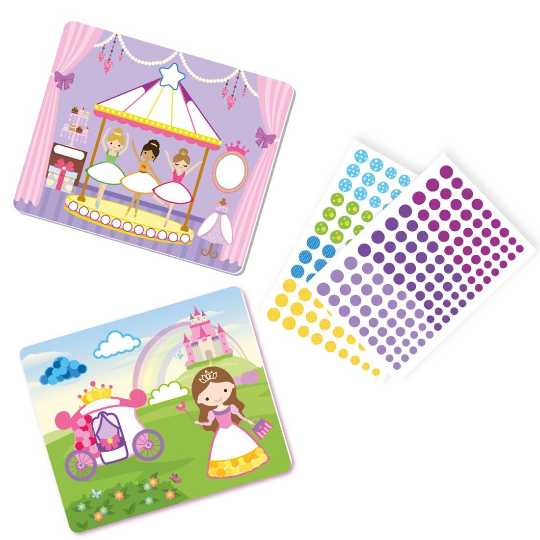 Two sample pictures and assorted color dot stickers found in Dot It! Unicorns And Princesses By Skillmatics