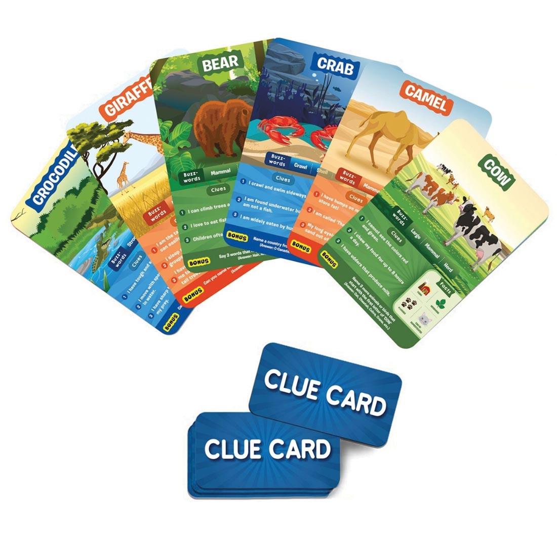 Sample game cards and clue cards from Guess In 10 World Of Animals Game By Skillmatics