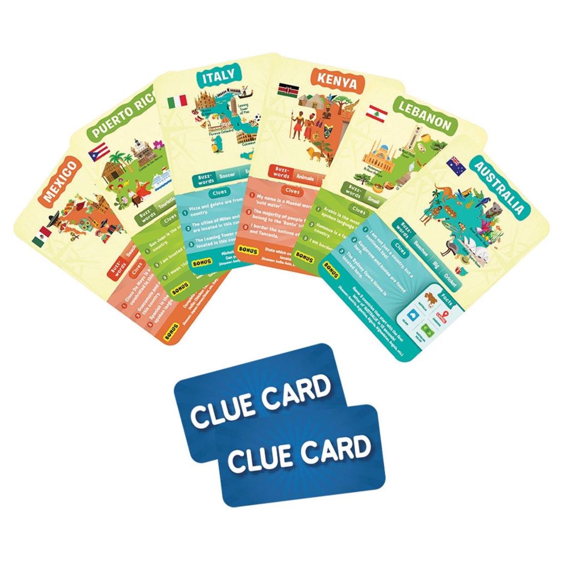 Sample game cards and clue cards from Guess In 10 Countries Around The World Game By Skillmatics