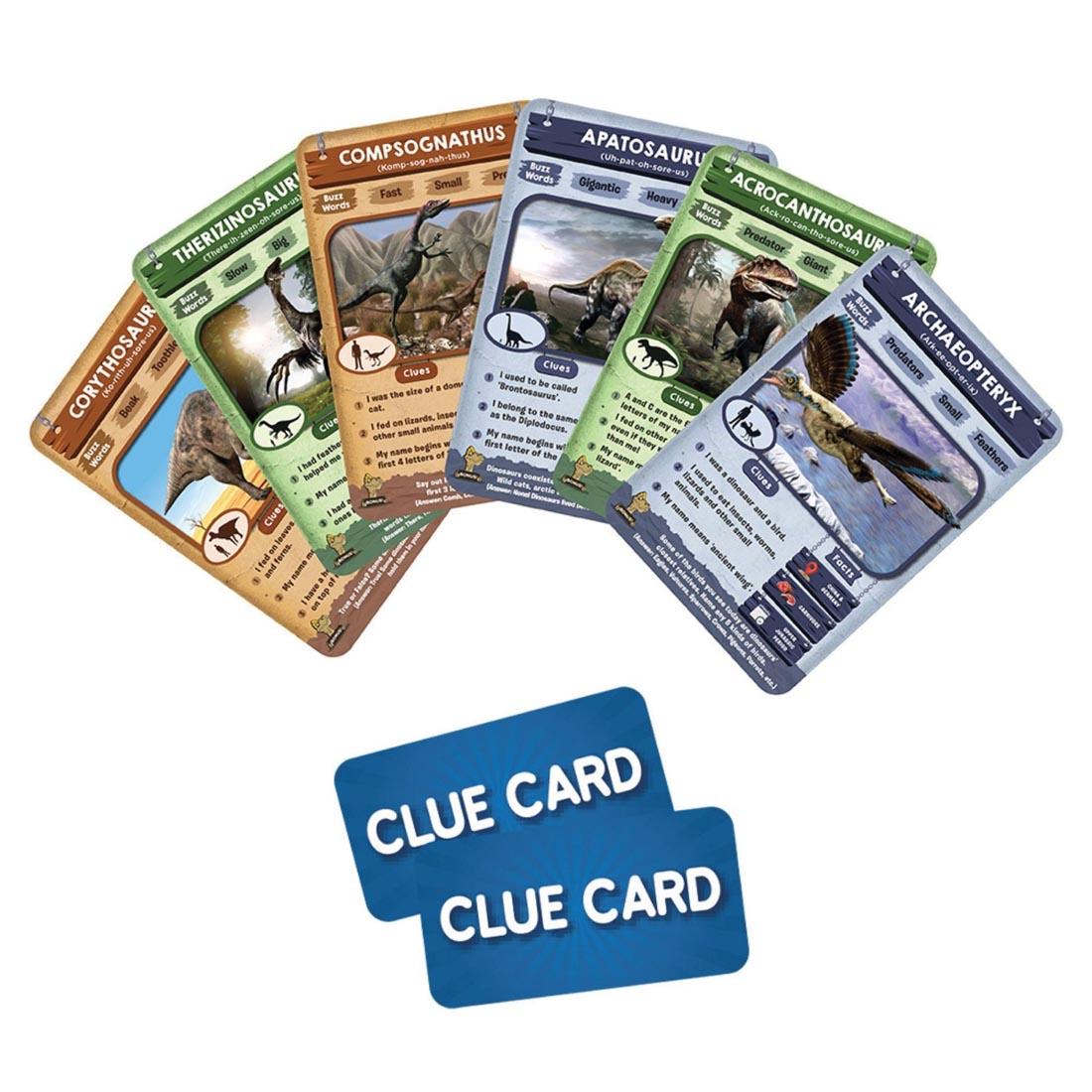 Sample game cards and clue cards from Guess In 10 World Of Dinosaurs Game By Skillmatics