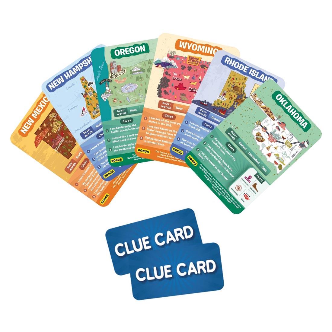 Sample game cards and clue cards from Guess In 10 The 50 States Game By Skillmatics