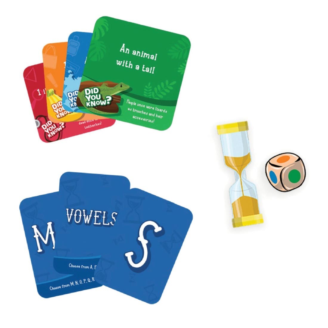 sample category cards, letter cards, timer and die from the Rapid Rumble Game By Skillmatics