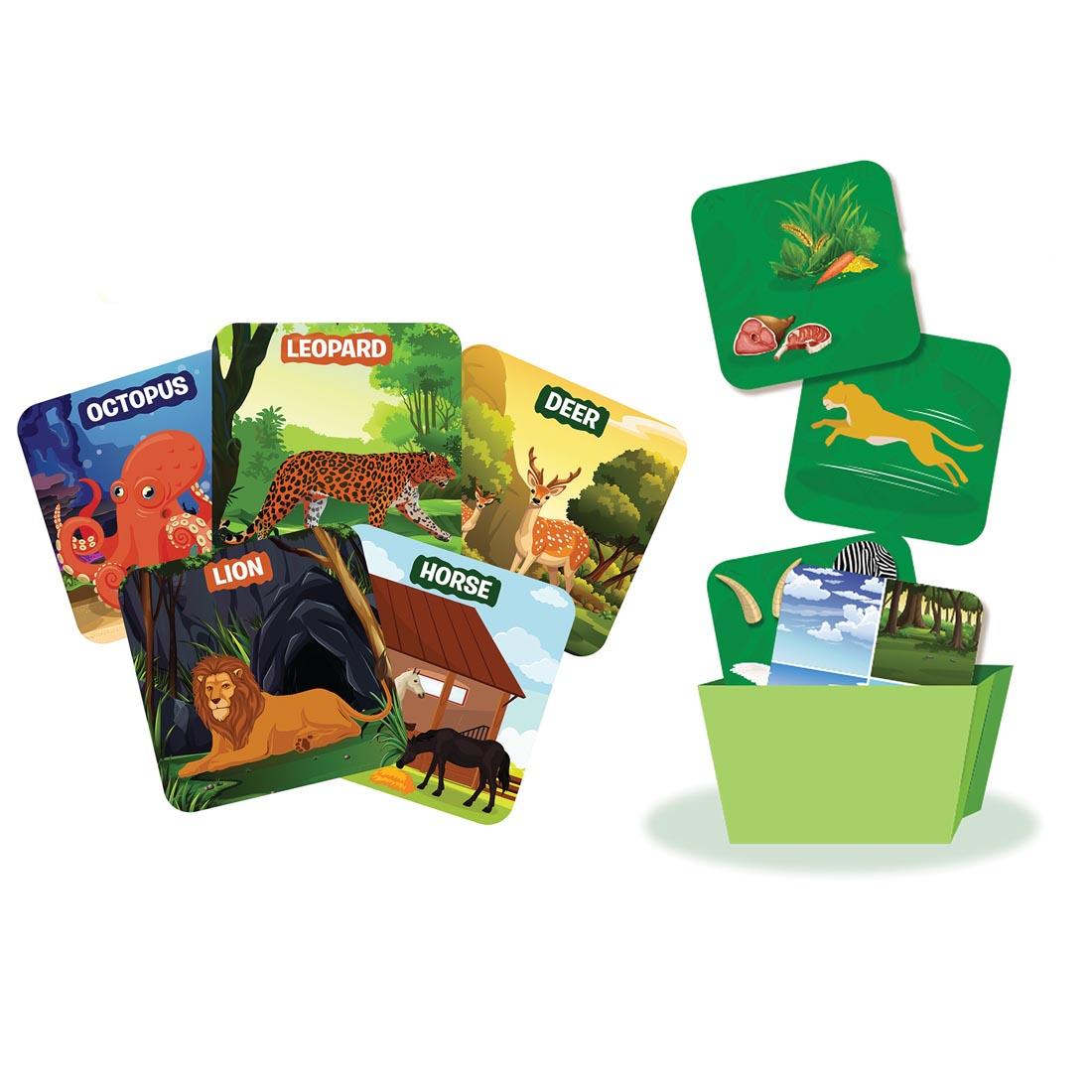 Sample cards and guilder tiles from the Guess In 10 Junior Animal World Game By Skillmatics