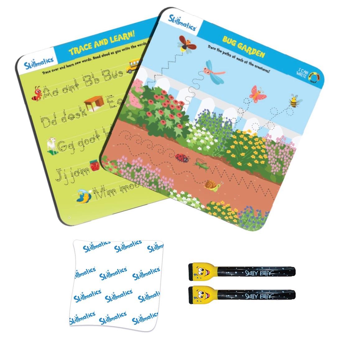 2 tracing activity mats, 2 dry erase markers and eraser cloth found in I Can Write Write And Wipe Activity Mats By Skillmatics
