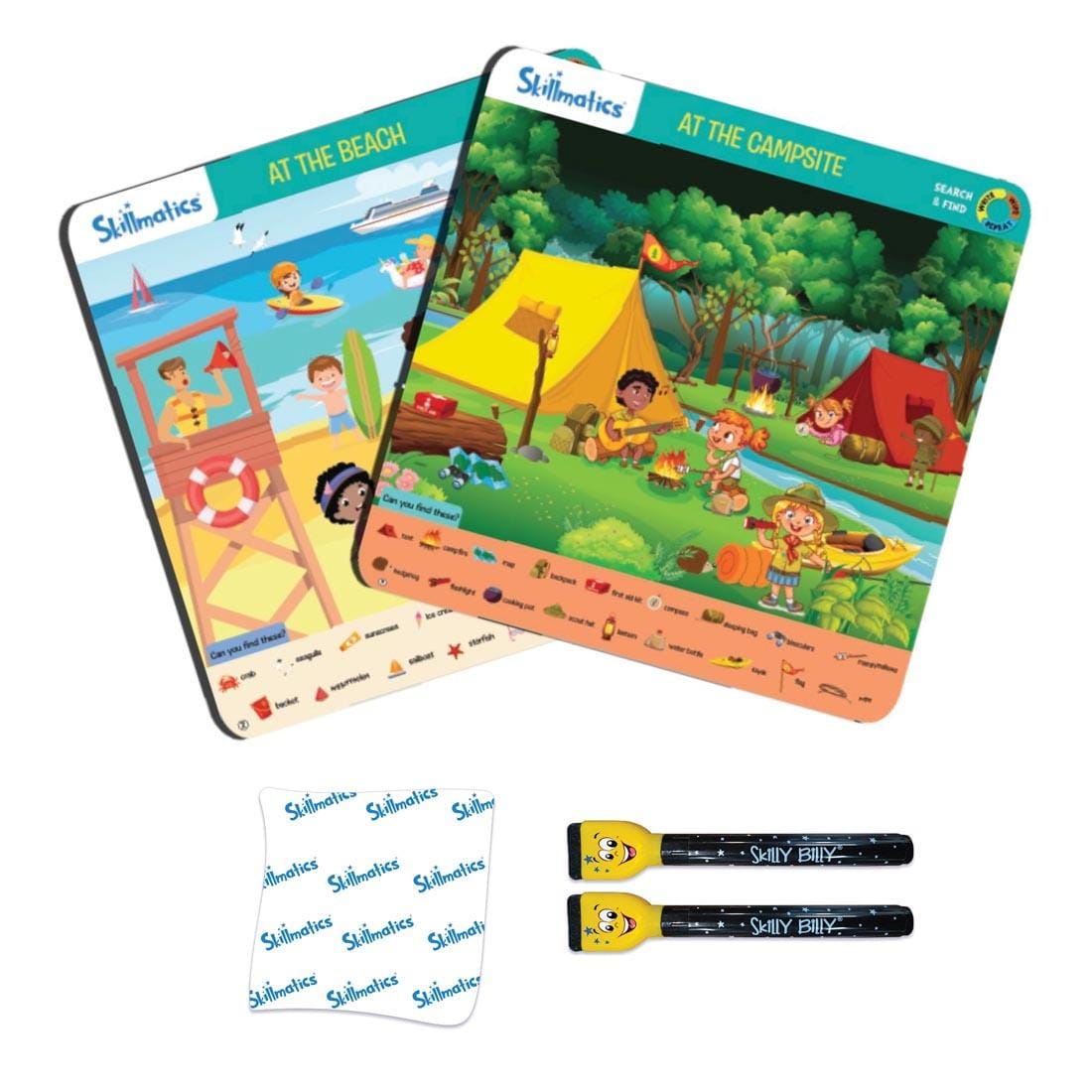 2 activity mats, 2 dry erase markers and cleaning cloth found in Search & Find Write And Wipe Activity Mats By Skillmatics