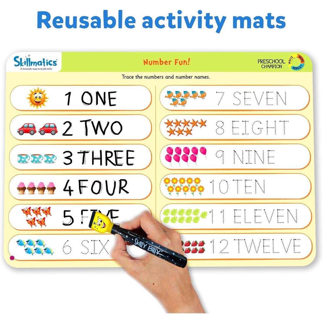 hand erasing one of the Preschool Champion Write And Wipe Activity Mats By Skillmatics plus text: Reusable activity mats