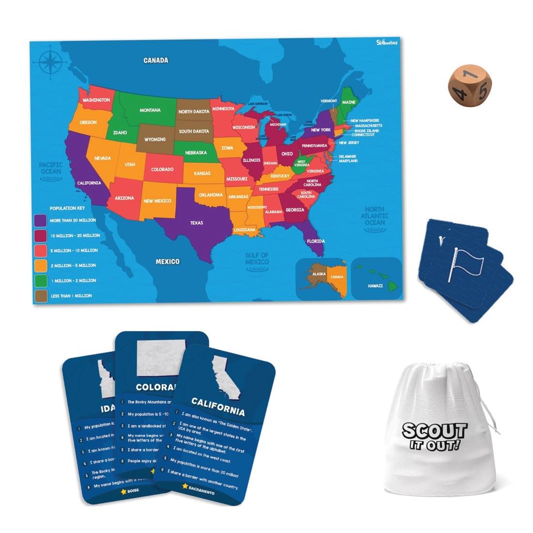 US map, sample game cards, flag tiles, wooden die and cloth bag from Scout It Out! The 50 States Game By Skillmatics