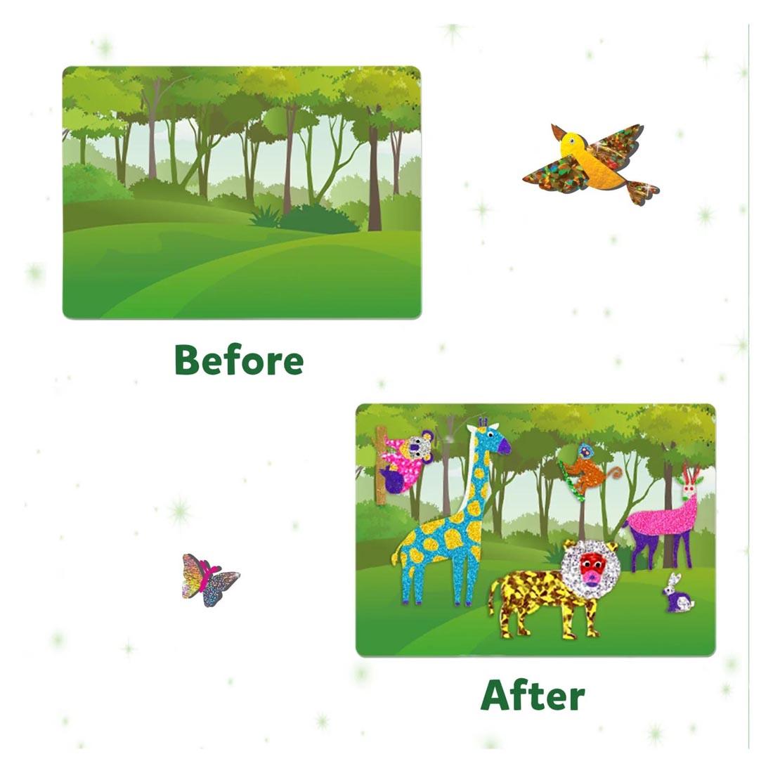 a picture canvas from Foil Fun World Of Animals labeled Before and After