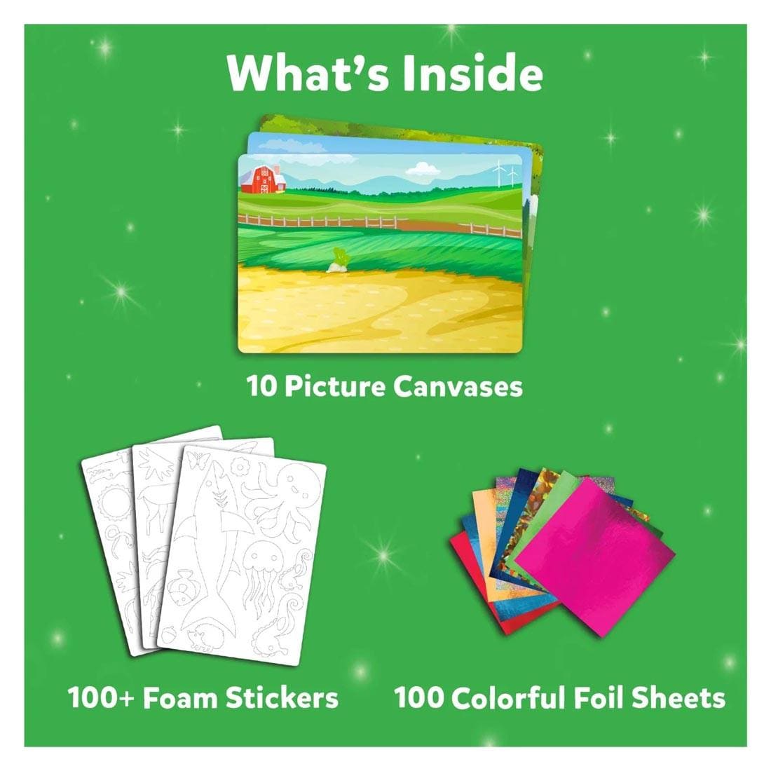 Text What's Inside with labeled contents of the Foil Fun World Of Animals By Skillmatics