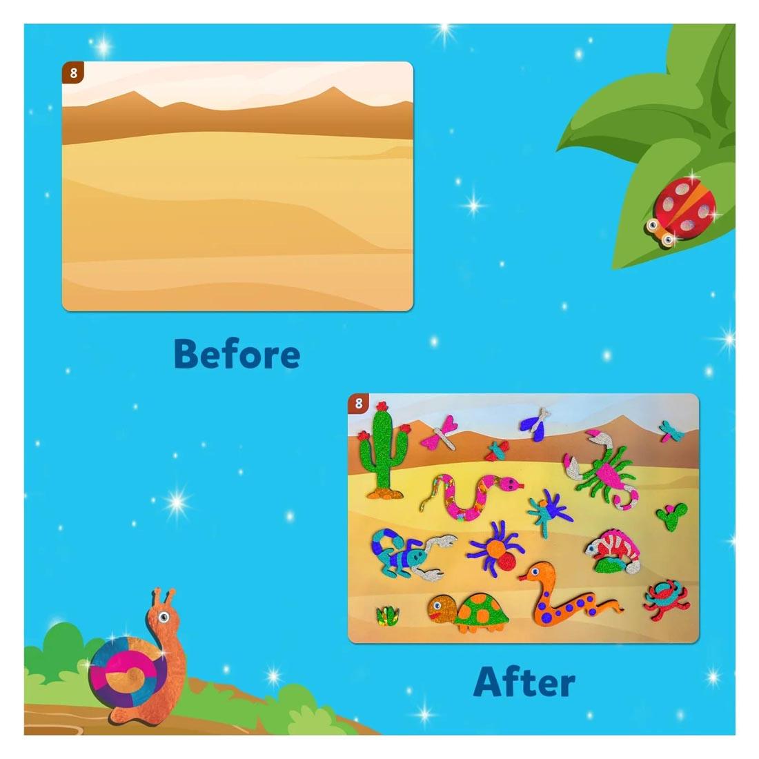 a picture canvas from Foil Fun Bugs & Butterflies labeled Before and After