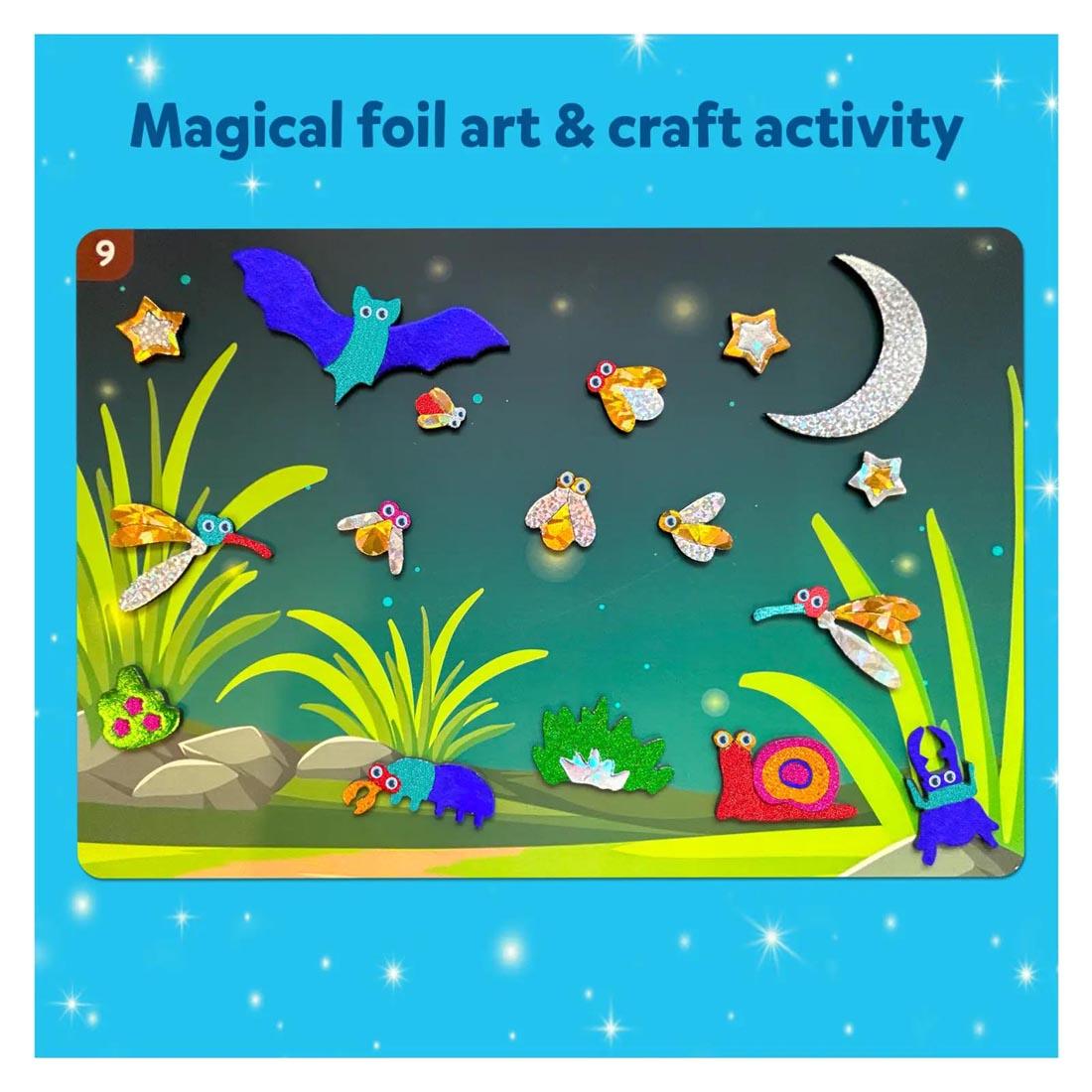 example of completed picture canvas from Foil Fun Bugs & Butterflies with text Magical foil art & craft activity