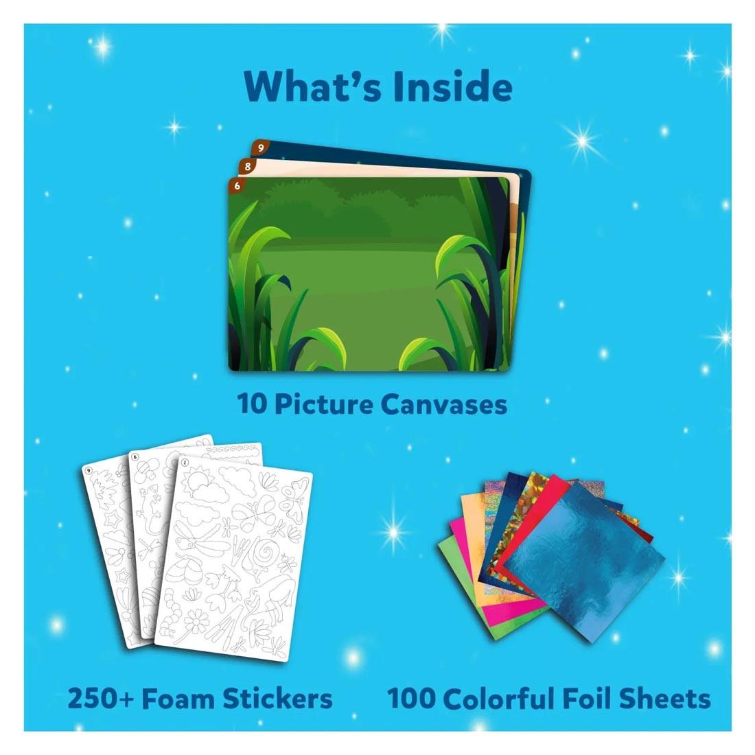Text What's Inside with labeled contents of the Foil Fun Bugs & Butterflies By Skillmatics