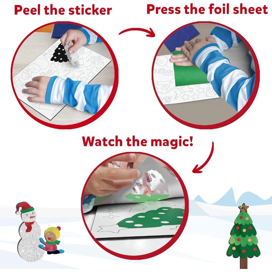 3-step infographic for Foil Fun Holiday Magic By Skillmatics with text: Peel the sticker; Press the foil sheet; Watch the magic!