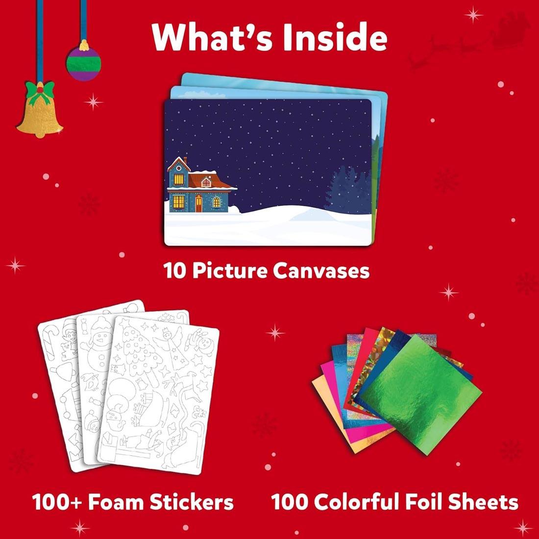 Components of Foil Fun Holiday Magic By Skillmatics with text: What's Inside - 10 Picture Canvases; 100+ Foam Stickers; 100 Colorful Foil Sheets