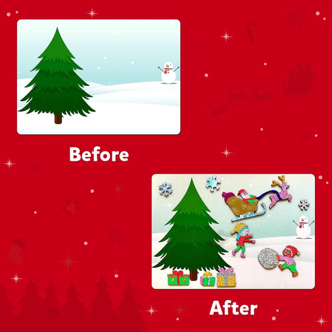 A blank canvas and an example of a completed canvas from Foil Fun Holiday Magic By Skillmatics labeled Before and After