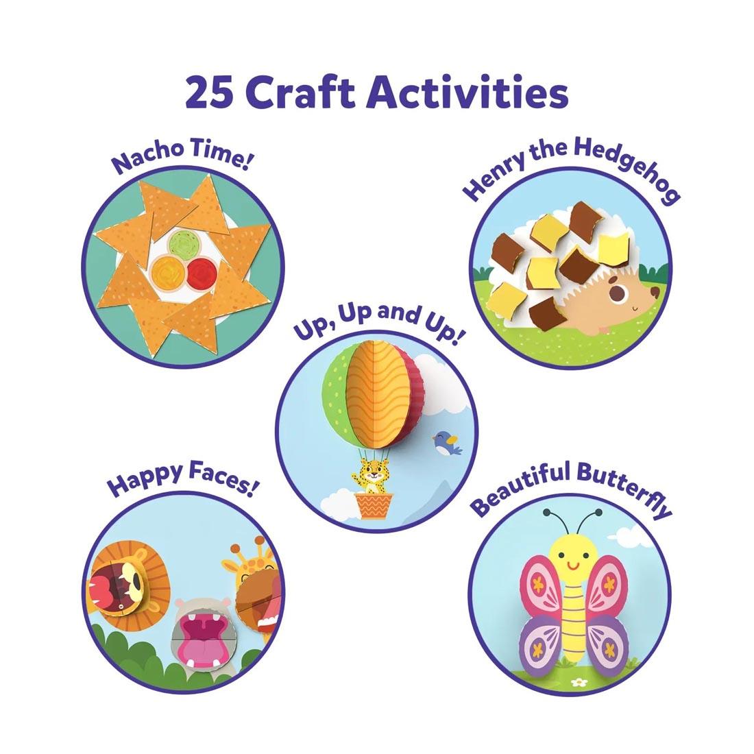 examples from the Snip Snip! Craft Activity Kit with text Nacho Time!; Henry the Hedgehog; Up, Up and Up!; Happy Faces!; Beautiful Butterfly