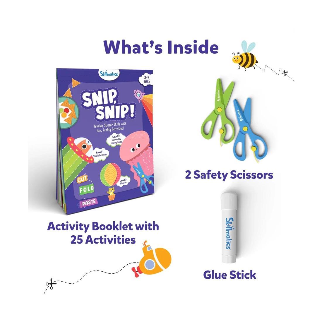 Text What's Inside with labeled contents of the Snip Snip! Craft Activity Kit