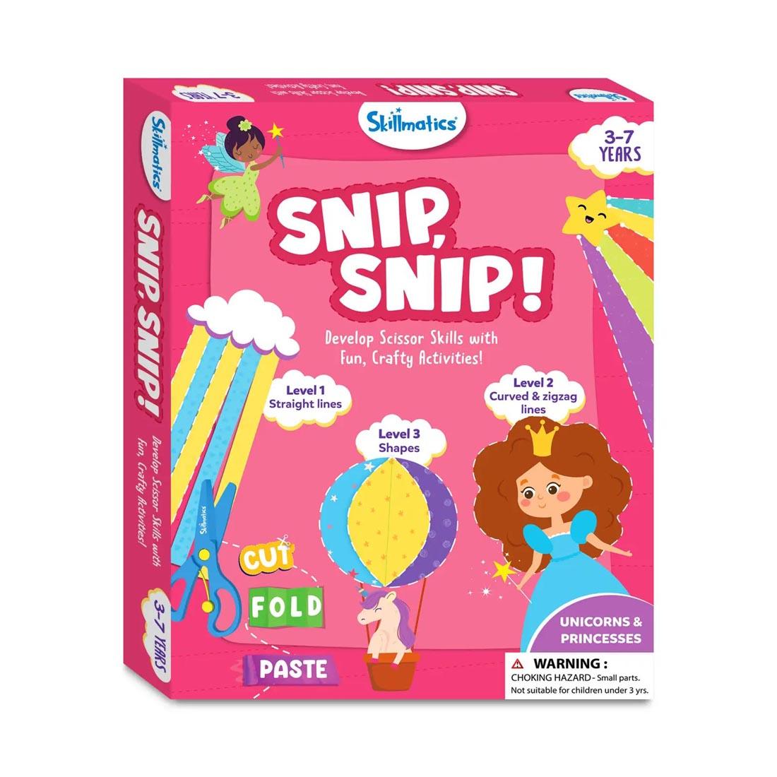 front of box for Snip Snip! Unicorns & Princesses Craft Activity Kit By Skillmatics