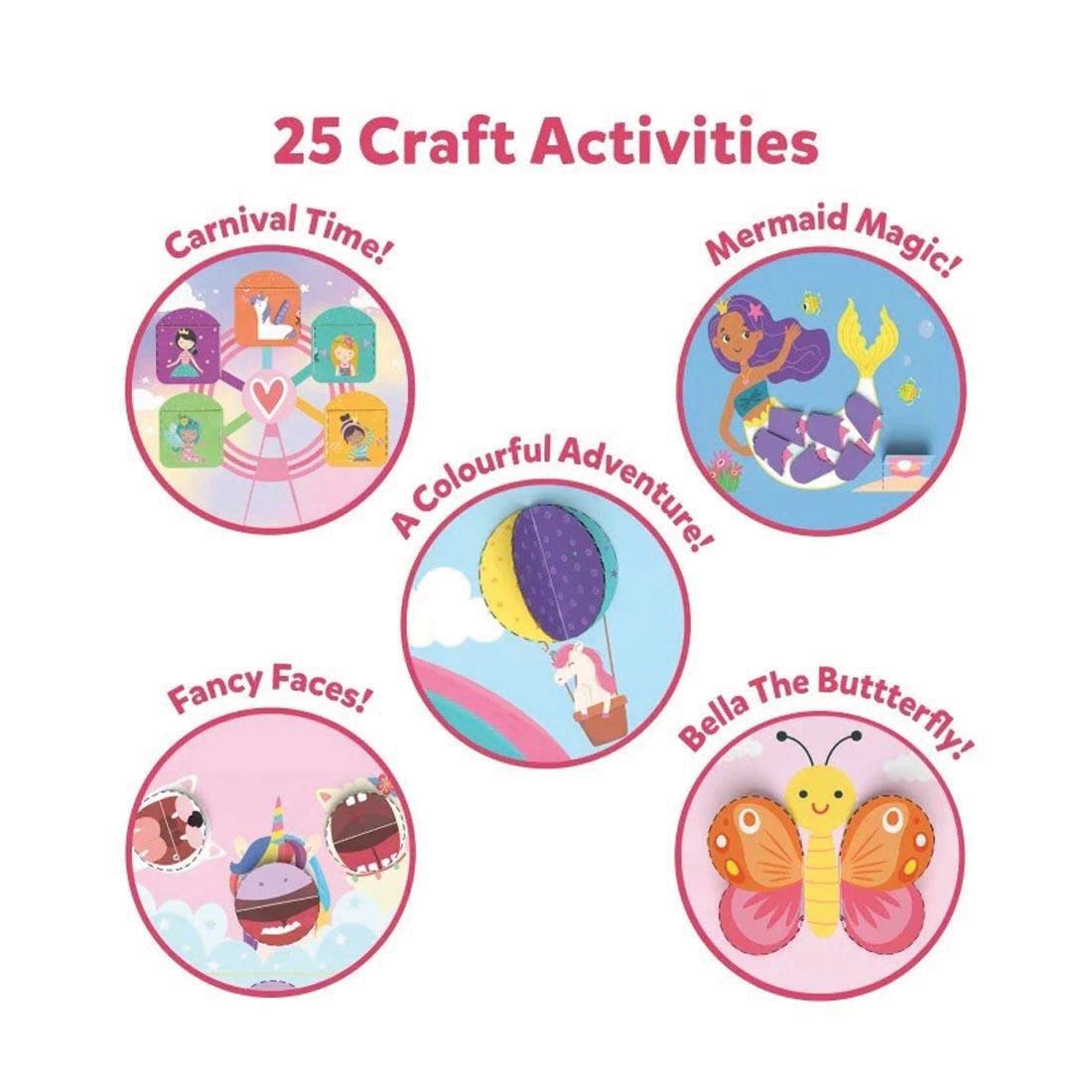examples from the Snip Snip! Unicorns & Princesses Craft Activity Kit with text Carnival Time!; Mermaid Magic!; A Colourful Adventure!; Fancy Faces!; Bella The Butterfly!