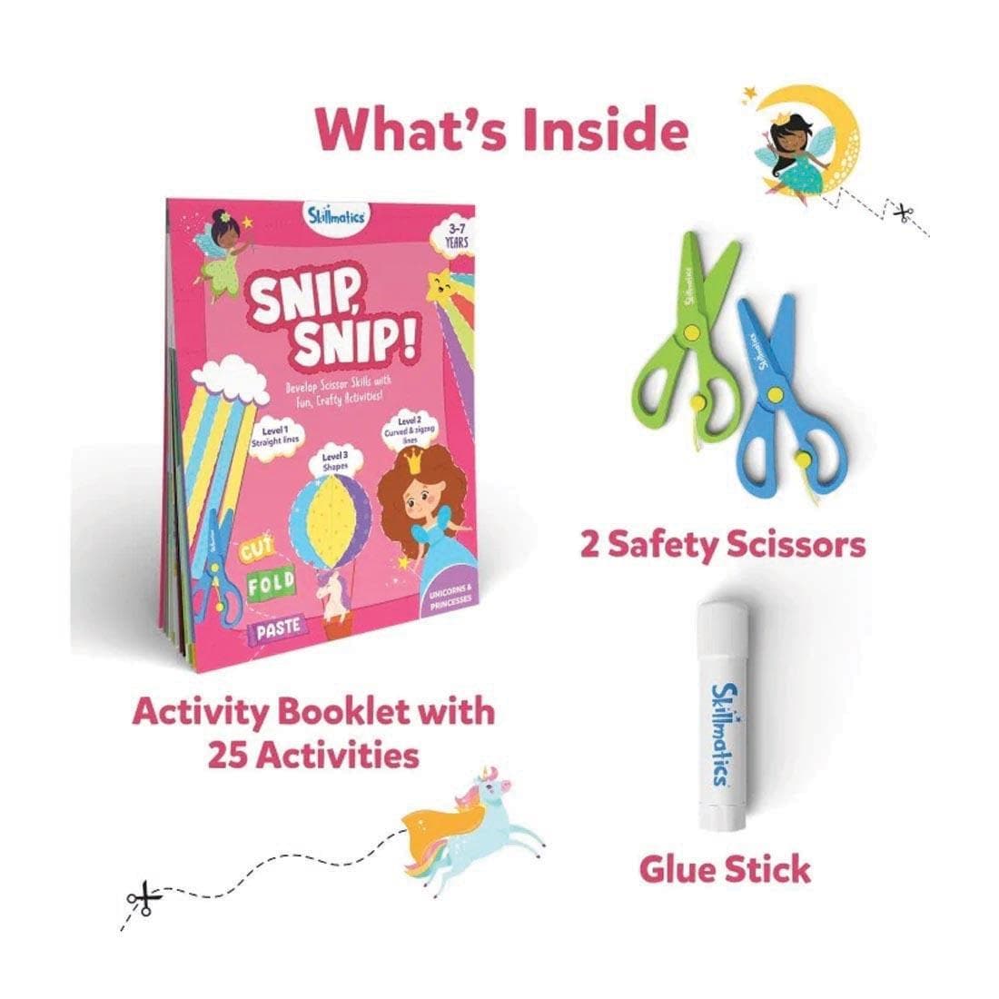 Text What's Inside with labeled contents of the Snip Snip! Unicorns & Princesses Craft Activity Kit