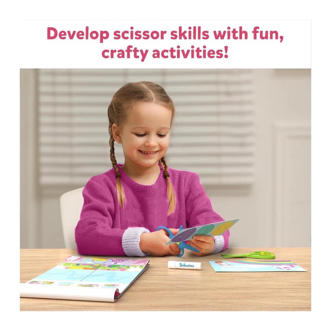 child using the the Snip Snip! Unicorns & Princesses Craft Activity Kit with text Develop scissor skills with fun, crafty activities!