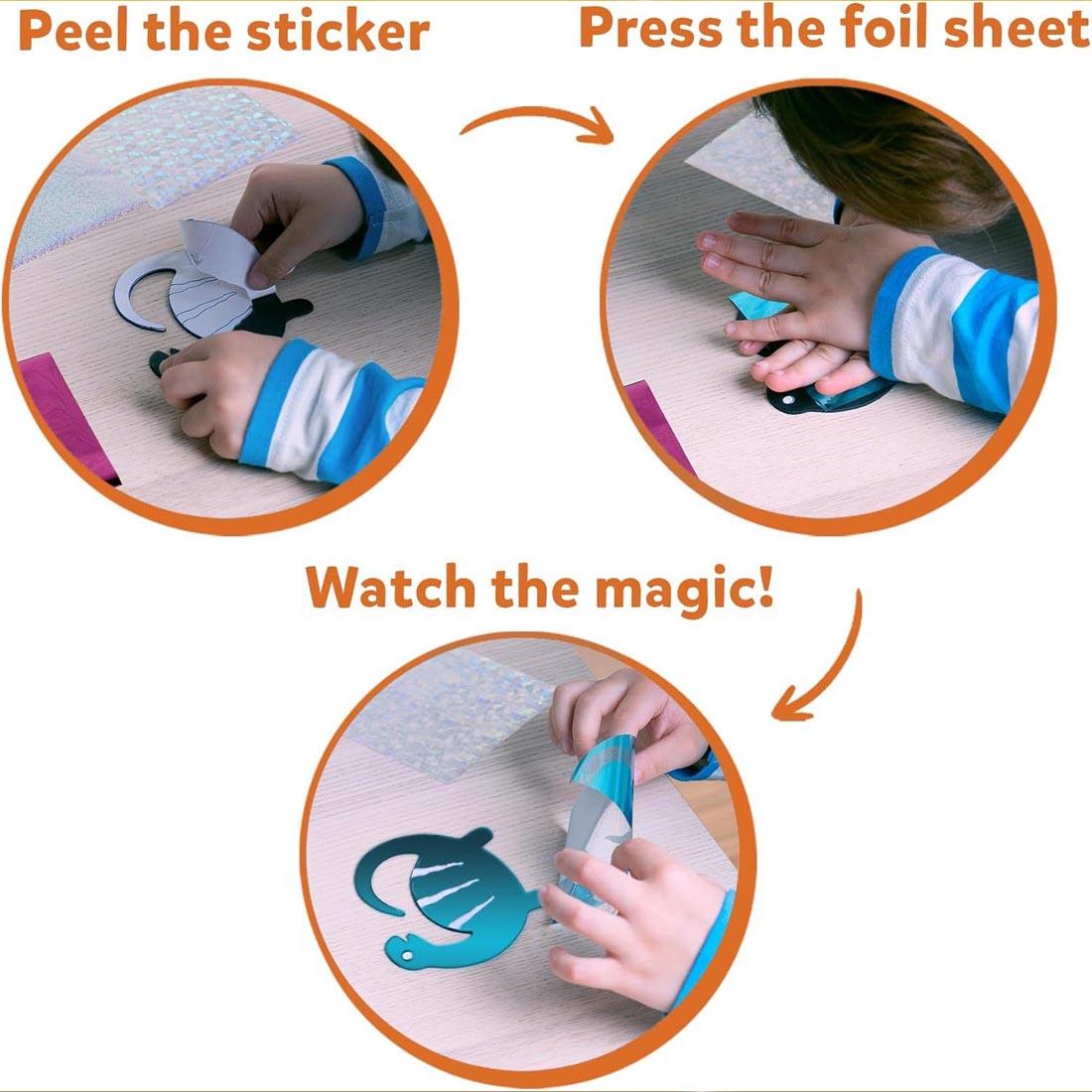 3-step infographic for Foil Fun World Of Dinosaurs By Skillmatics with text: Peel the sticker; Press the foil sheet; Watch the magic!