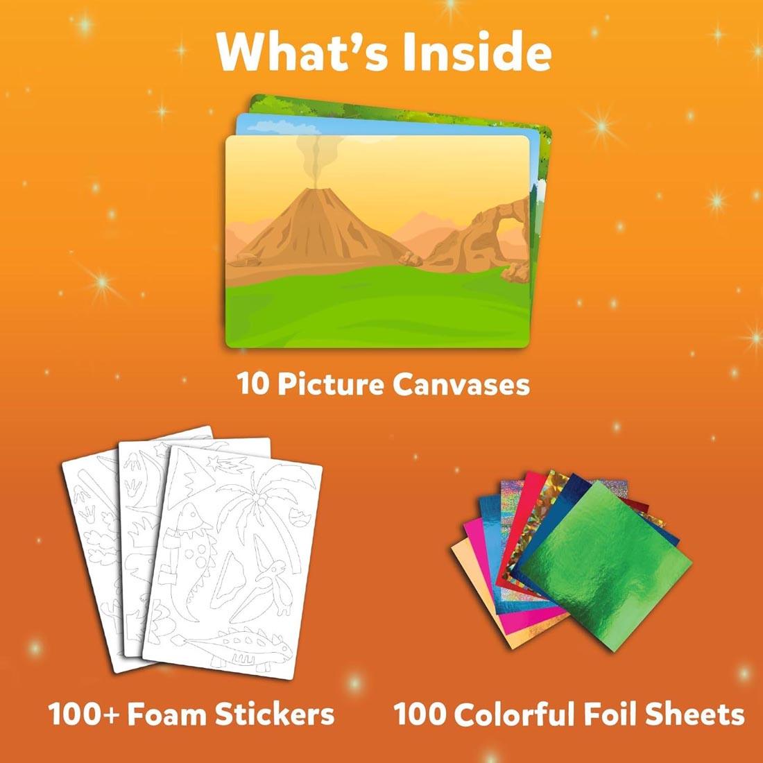 Components of Foil Fun World Of Dinosaurs By Skillmatics with text: What's Inside - 10 Picture Canvases; 100+ Foam Stickers; 100 Colorful Foil Sheets