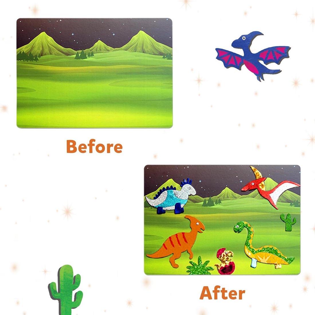 A blank canvas and an example of a completed canvas from Foil Fun World Of Dinosaurs By Skillmatics labeled Before and After