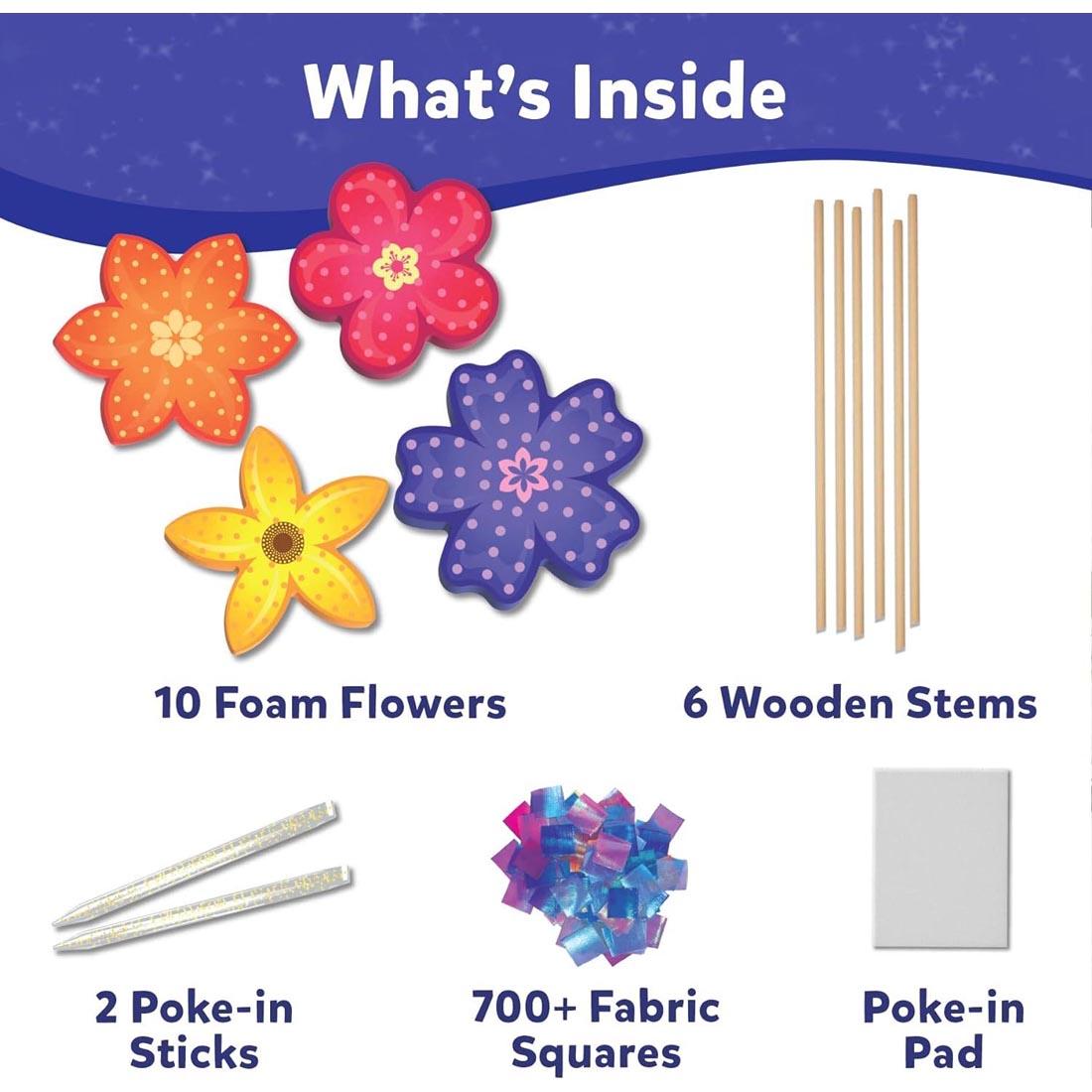components of Poke-In Art Flower Bouquet Craft Kit By Skillmatics plus text: What's Inside; 10 Foam Flowers, 6 Wooden Stems, 2 Poke-in Sticks, 700+ Fabric Squares and Poke-in Pad