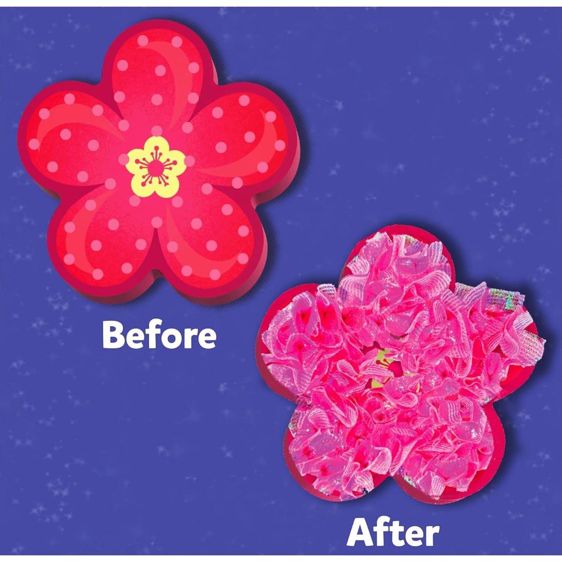 example flower from the Poke-In Art Flower Bouquet Craft Kit labeled Before and After