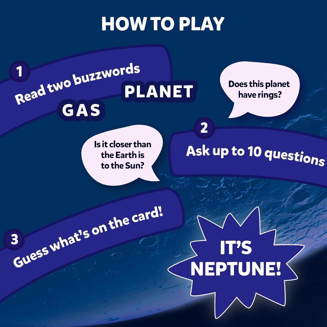 3-step infographic for Guess In 10 Space Game By Skillmatics with text: How to Play - 1 Read two buzzwords; 2 Ask up to 10 questions; 3 Guess what's on the card!