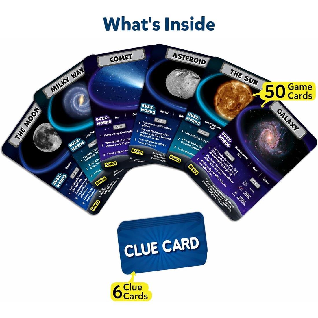 piles of cards from Guess In 10 Space Game By Skillmatics with text: What's Inside; 52 Game Cards; 6 Clue Cards
