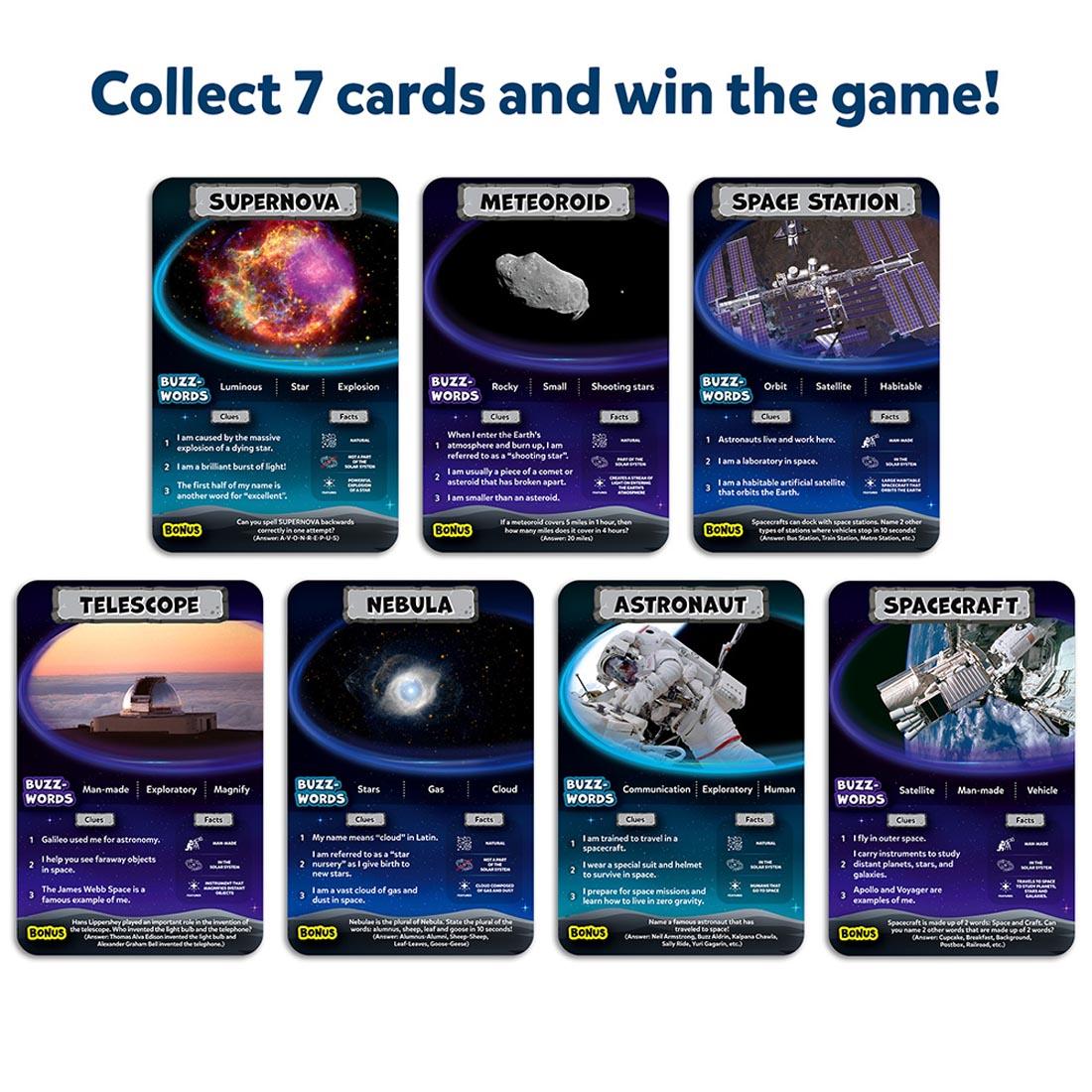 7 cards from the Guess In 10 Space Game By Skillmatics, with the words: Collect 7 cards and win the game!