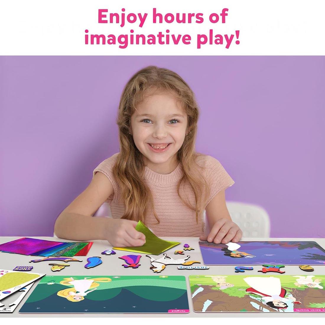 child playing with Foil Fun Disney Princess By Skillmatics with text: Enjoy hours of imaginative play!