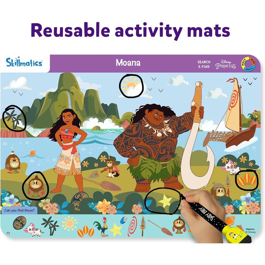 hand circling items on one of the Search & Find Disney Princess Write And Wipe Activity Mats By Skillmatics with text: Reusable activity mats
