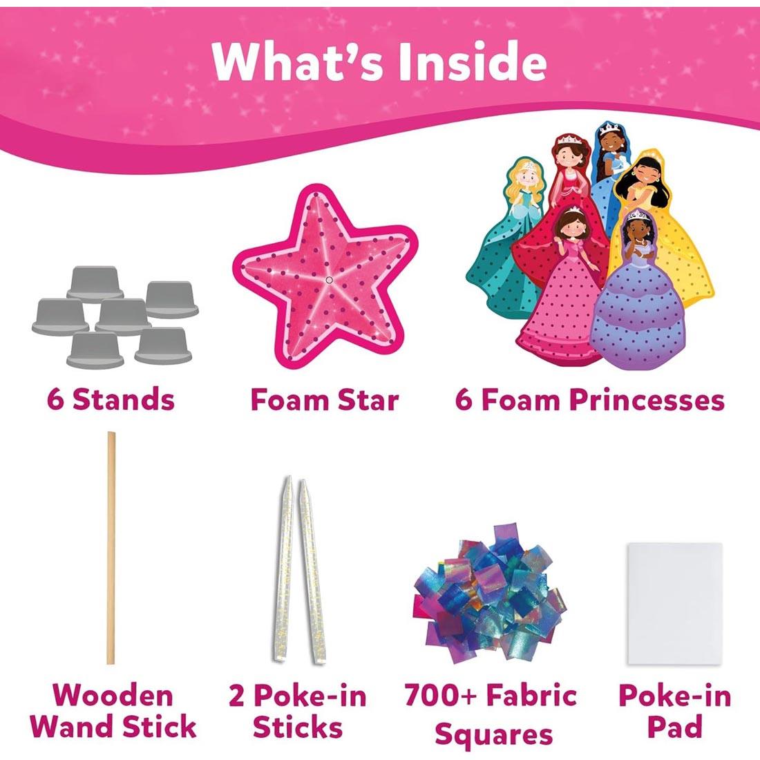 components of Poke-In Art Magical Princesses Craft Kit labeled What's Inside; 6 Stands; Foam Star; 6 Foam Princesses; Wooden Wand Stick; 2 Poke-in Sticks; 700+ Fabric Squares; Poke-in Pad