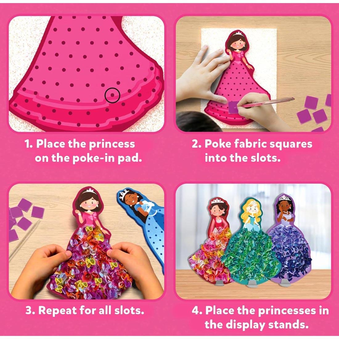 4 steps of Poke-In Art Magical Princesses Craft Kit labeled 1.Place the princess on the poke-in pad 2.Poke fabric squares into the slots 3.Repeat for all slots 4.Place the princesses in the display s