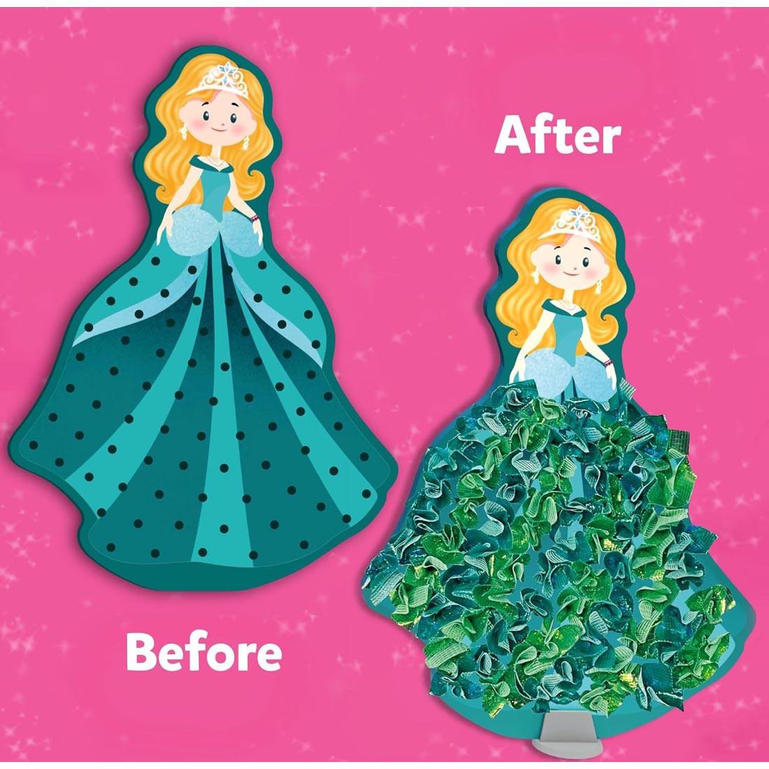 one blank and one completed princess card from Poke-In Art Magical Princesses Craft Kit labeled Before and After